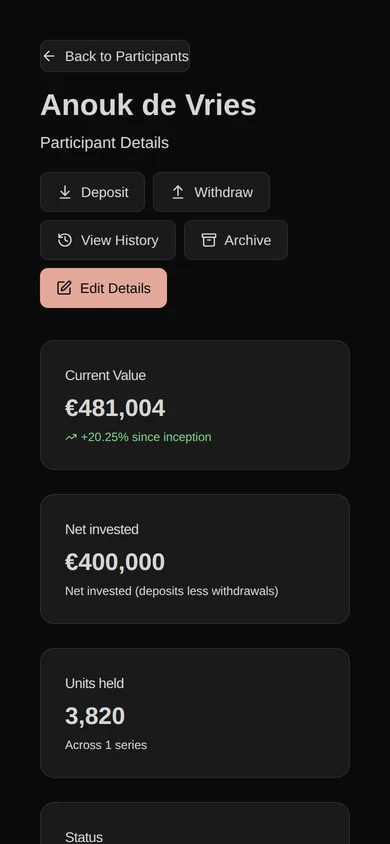 A participant detail screen showing their tax and dividend history per year