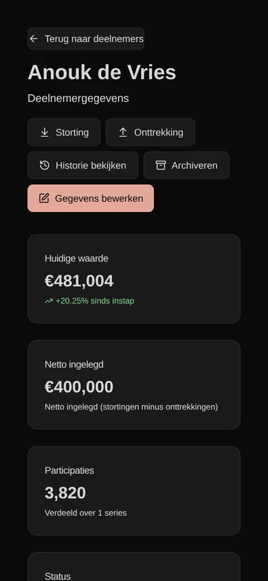Een detailscherm van een deelnemer met de fiscale en dividendhistorie per jaar