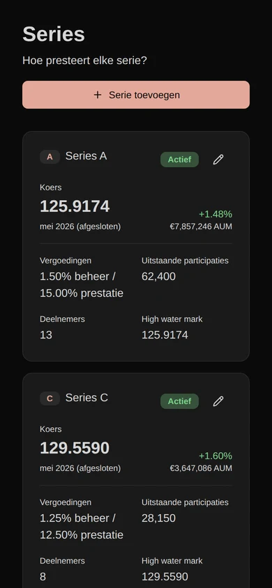 Het serieoverzicht op een telefoon, met koers en vergoedingsvoorwaarden per serie